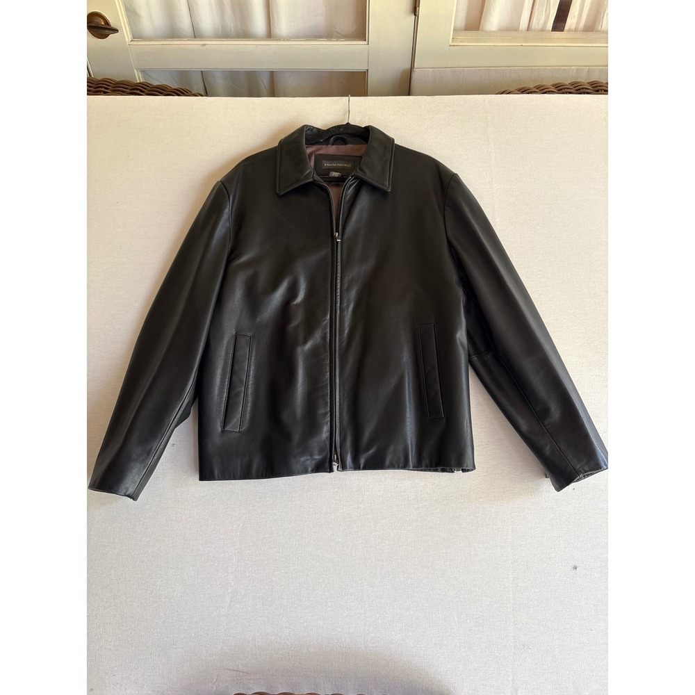 Banana Republic Mens Large Black Genuine Leather Zip Up Jacket Harrington Coat